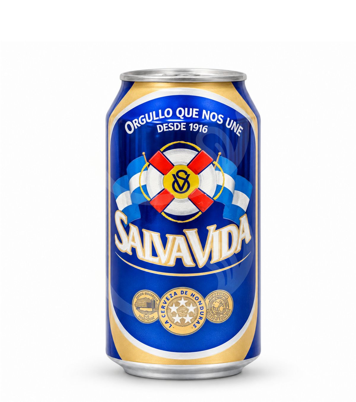 Lata de cerveza Salva Vida de 354ml, bebida alcohólica de Kerrrico Imports Ltd, con diseño de lata en la imagen
