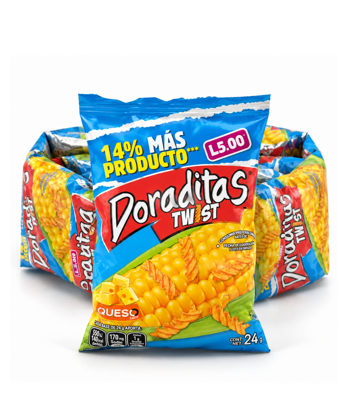 Doraditas Twist Queso, snack de chips con sabor a queso en presentación de 6 ristras de 24g, marca Kerrrico Imports Ltd.