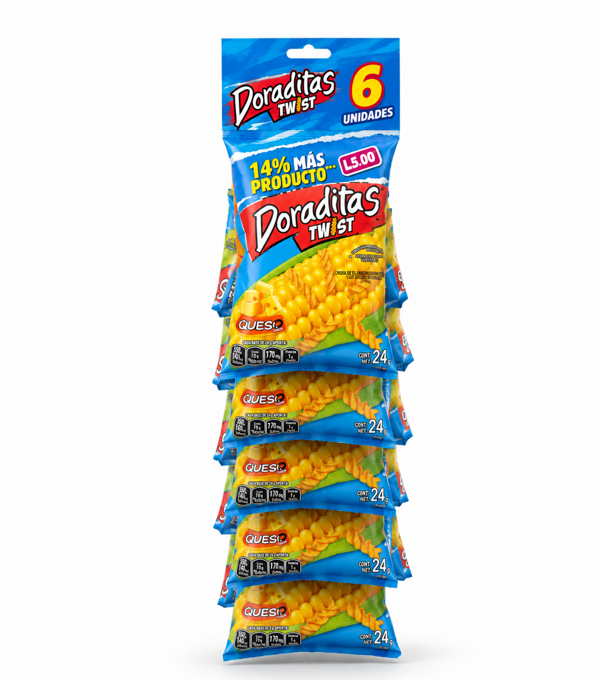 Doraditas Twist de queso, paquete de 6 unidades de 24g cada una, snack crujiente de queso de Kerrrico Imports Ltd