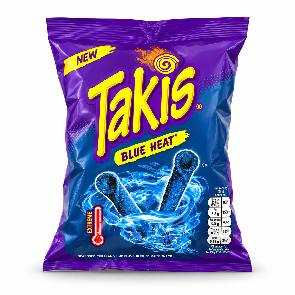 Bolsa de snacks Takis Blue de 180 g, frituras enrolladas de maíz en color azul.