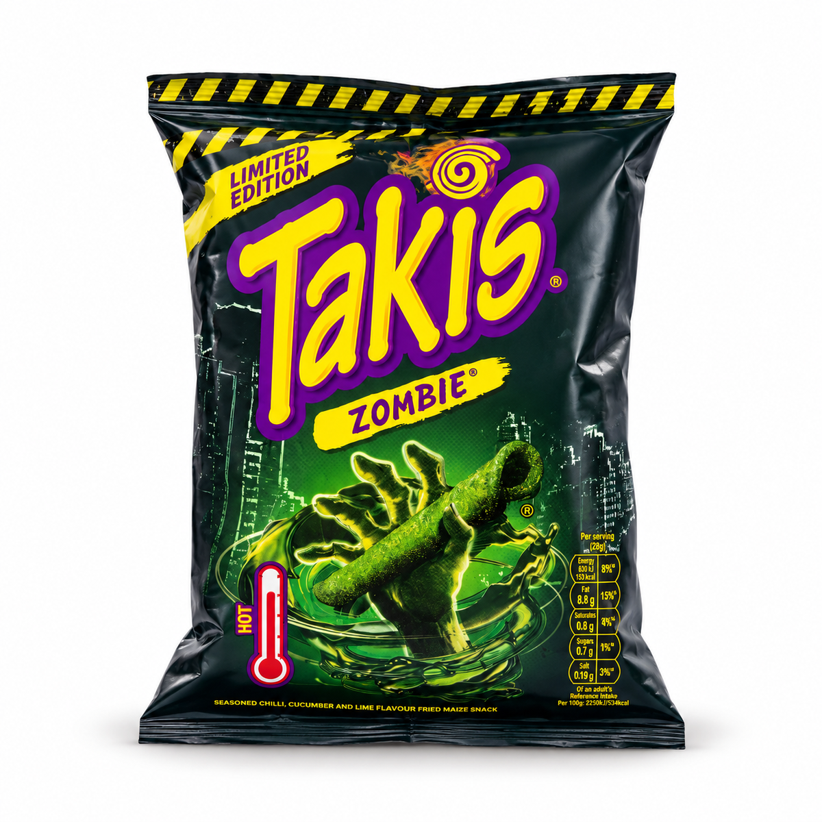 Bolsa de snacks Takis Zombie 180 g, marca Kerrrico Imports Ltd, con diseño llamativo de sabor picante