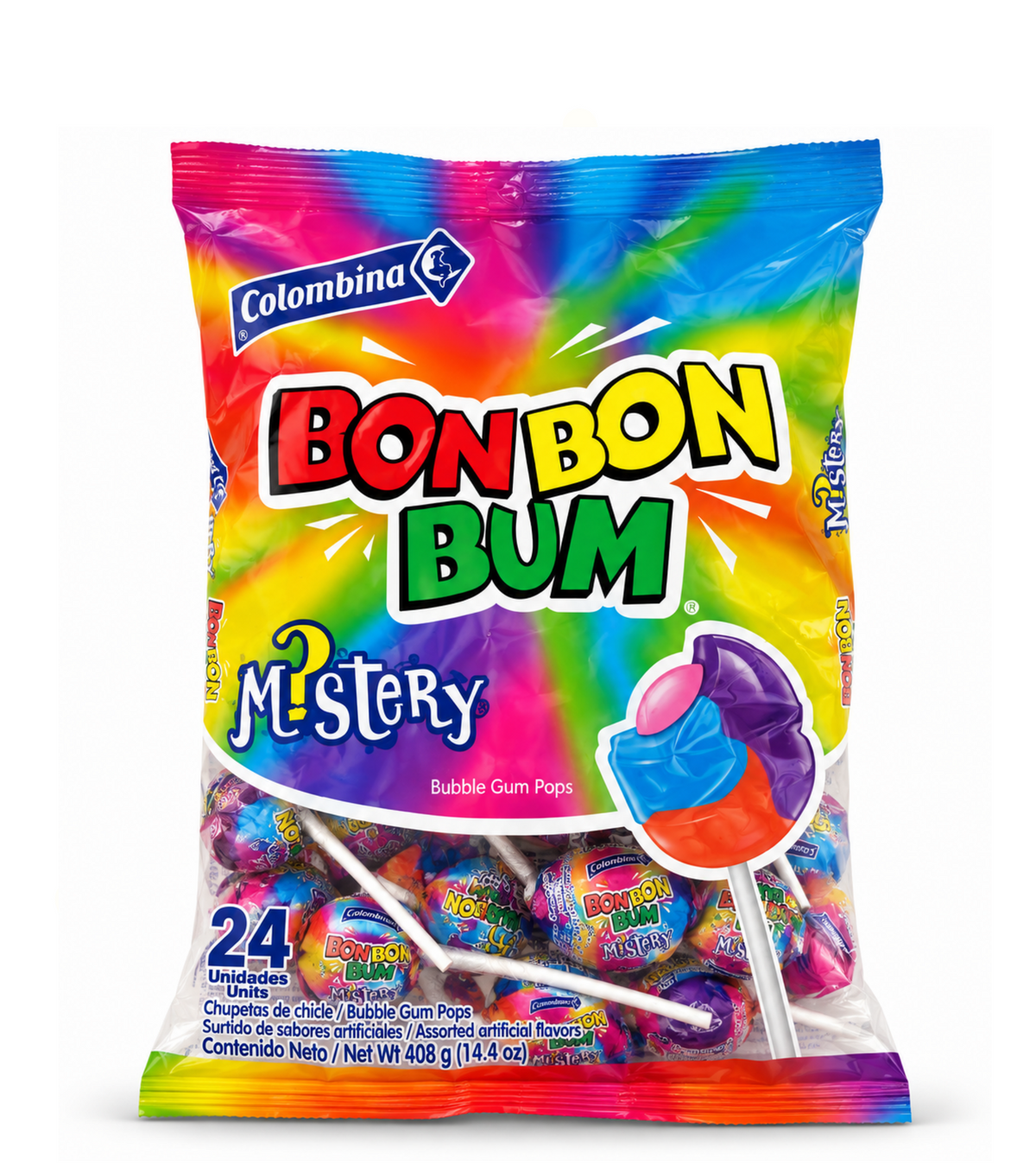 Paleta con chicle Bon Bon Bum Mistery de Colombina, paquete de 24 unidades, dulces coloridos y divertidos para niños.