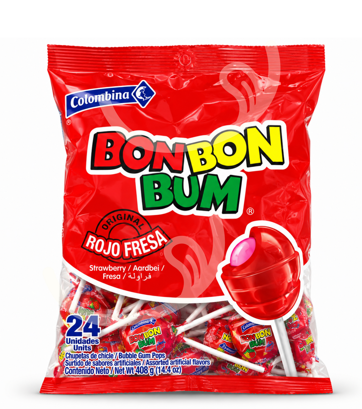 Paleta con chicle Bon Bon Bum Fresa de Kerrrico Imports Ltd, paquete con 24 unidades de dulce con sabor a fresa y chicle.