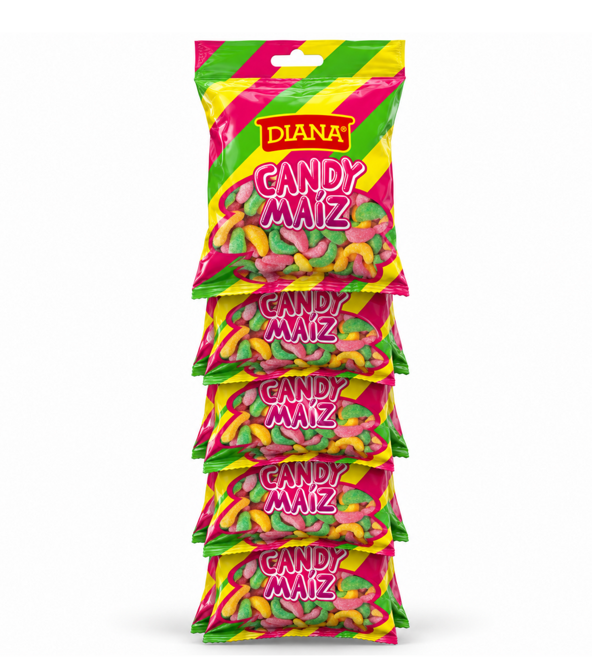 Ristra de 6 piezas de dulce de maíz inflado Candy Maíz Diana, marca Kerrrico Imports Ltd, en envoltorios individuales.