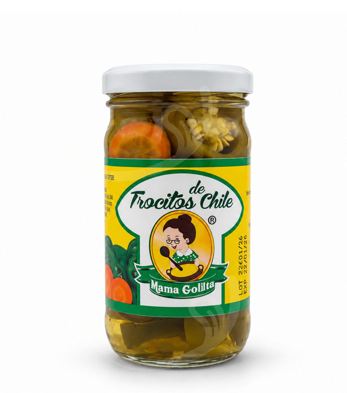 Trocitos de Chile Mama Gollita de Kerrrico Imports Ltd en frasco de 227g, condimento y encurtido con chiles picantes.