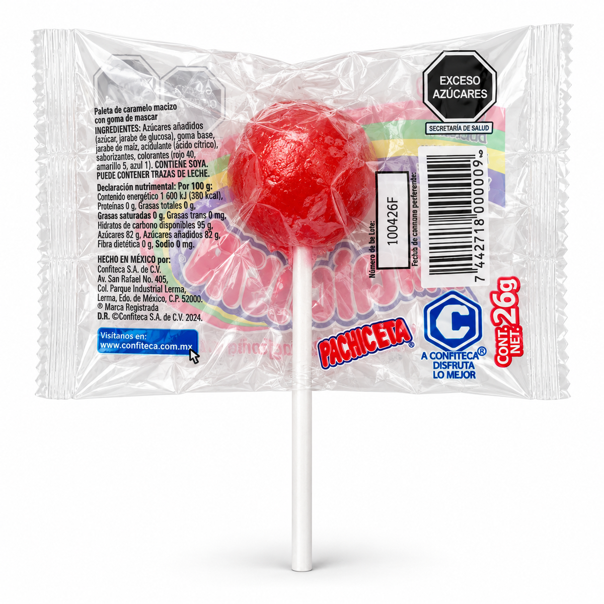 Pachicleta 26 g, reverso del empaque con ingredientes e información nutricional