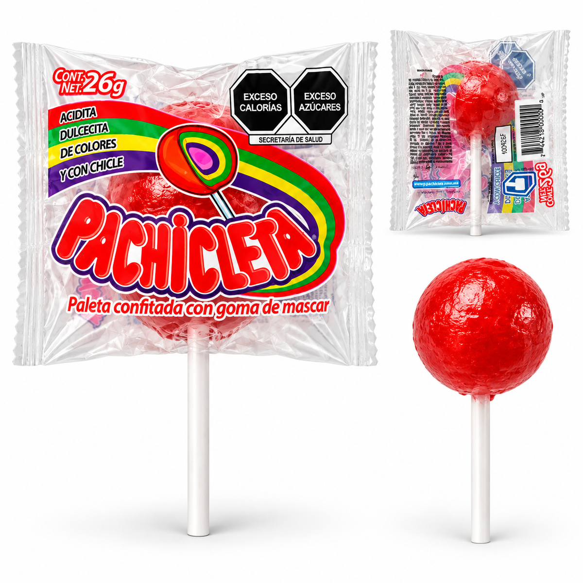 Pachicleta 26 g: empaque de frente, reverso y paleta roja sin envoltura