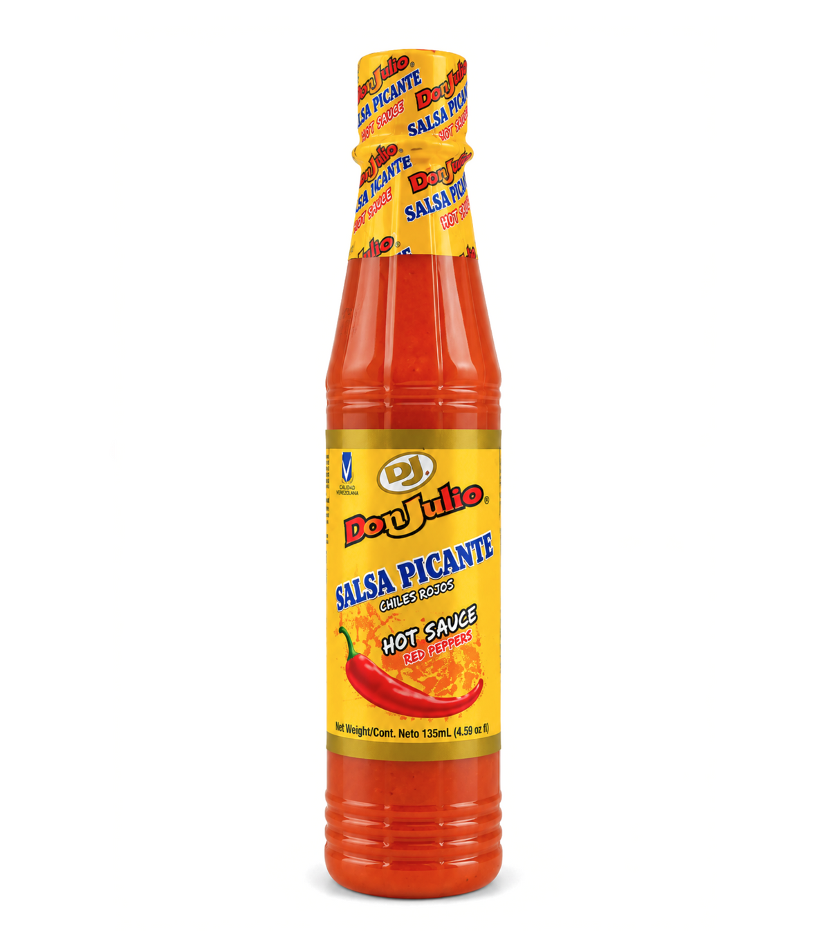 Salsa picante Don Julio de 135ml en envase pequeño, condimento de la marca Euromarket, con etiqueta roja y frascos de cristal
