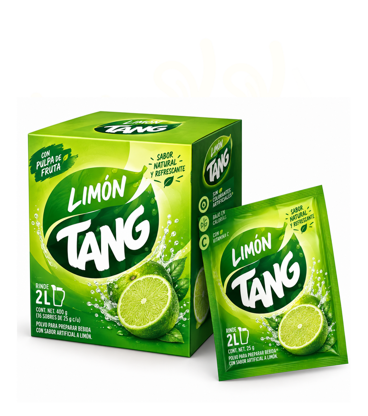 Bebida instantánea Tang Sabor Limón de Kerrrico Imports Ltd en paquete de 8 sobres sobre fondo blanco